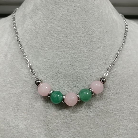 Rose Quartz Aventurine Beaded Necklace Natural Gemstone Crystal Stainless-Steel - Picture 13 of 14